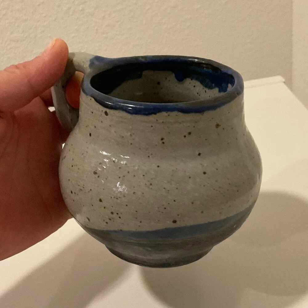 HANDMADE Speckled Whit and Blue Ceramic Mug, White and Blue, 3.5" H, Handcrafted - Picture 4 of 8